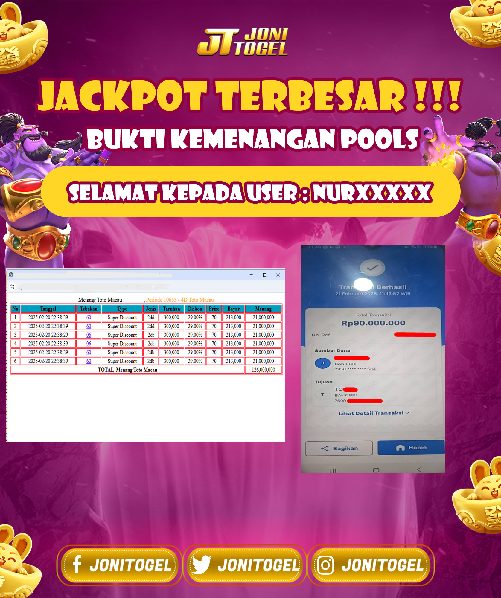 SELAMAT ATAS PLAYER YANG MENJADI MILYADER DADAKAN JACKPOT PADA GAME POOLS TOTOMACAU